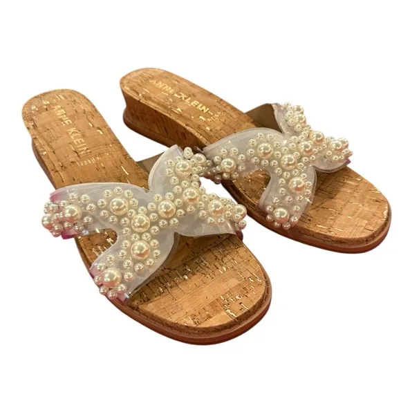 Anne Klein NWOT Brianna Women's Pearl Embellished Cork Wedge Sandals Size 10M