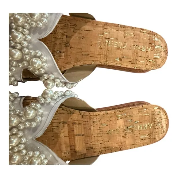 Anne Klein NWOT Brianna Women's Pearl Embellished Cork Wedge Sandals Size 10M