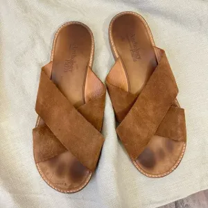 ANTHOLOGY PARIS Birdy Suede Sandals Camel Criss Cross