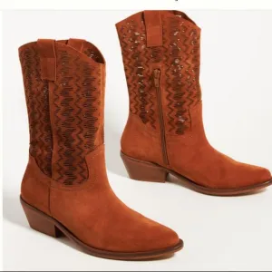 Anthropologie 8 38 NIB Honey Brown Cut-Out Suede Western Boots 250$ New