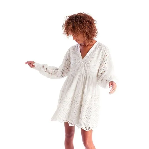 Anthropologie ALLISON NY White Eyelet Embroidered Long Sleeves Mini Dress Sz S