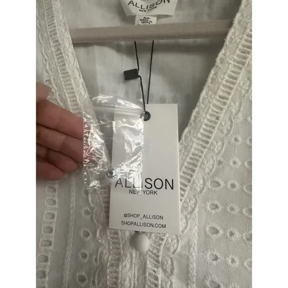 Anthropologie ALLISON NY White Eyelet Embroidered Long Sleeves Mini Dress Sz S