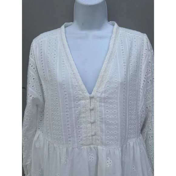 Anthropologie ALLISON NY White Eyelet Embroidered Long Sleeves Mini Dress Sz S