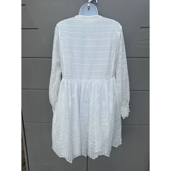 Anthropologie ALLISON NY White Eyelet Embroidered Long Sleeves Mini Dress Sz S