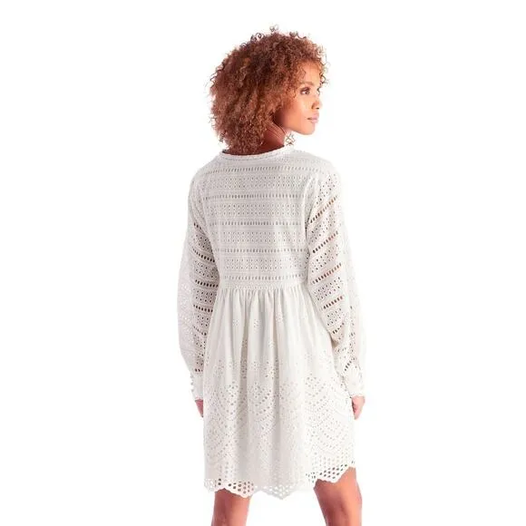 Anthropologie ALLISON NY White Eyelet Embroidered Long Sleeves Mini Dress Sz S