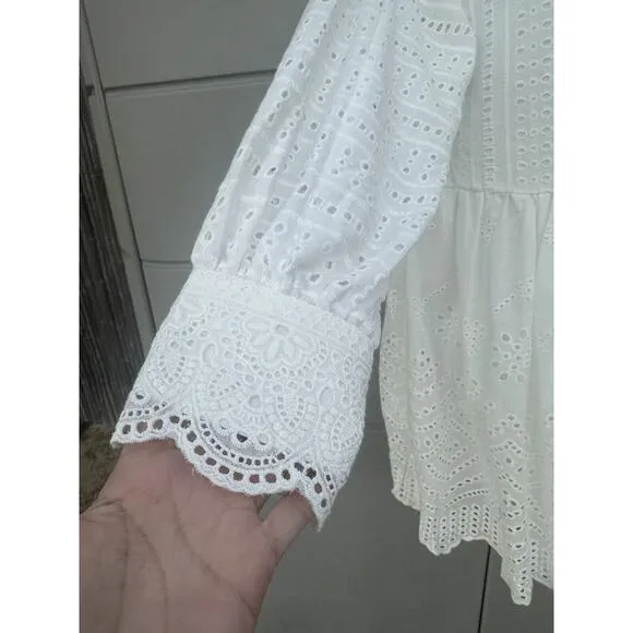Anthropologie ALLISON NY White Eyelet Embroidered Long Sleeves Mini Dress Sz S