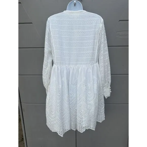 Anthropologie ALLISON NY White Eyelet Embroidered Long Sleeves Mini Dress Sz S
