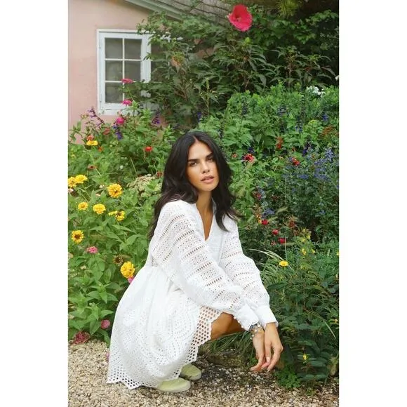 Anthropologie ALLISON NY White Eyelet Embroidered Long Sleeves Mini Dress Sz S