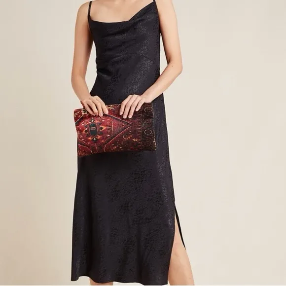 Anthropologie Amelie Black Jacquard Cowl Neck Midi Slip Dress in black.