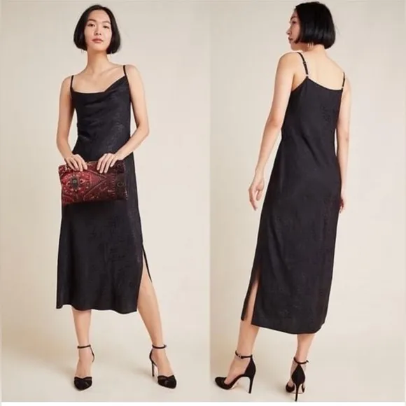 Anthropologie Amelie Black Jacquard Cowl Neck Midi Slip Dress in black.