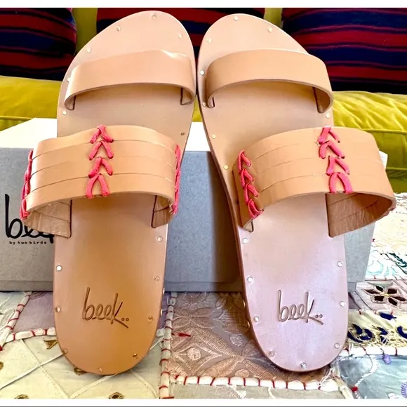 Anthropologie Beek Kiwi Embroidered Leather Handmade Sandals Slides 6