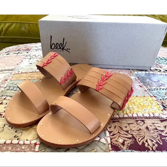 Anthropologie Beek Kiwi Embroidered Leather Handmade Sandals Slides 6