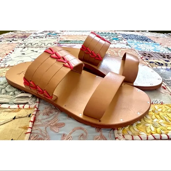 Anthropologie Beek Kiwi Embroidered Leather Handmade Sandals Slides 6