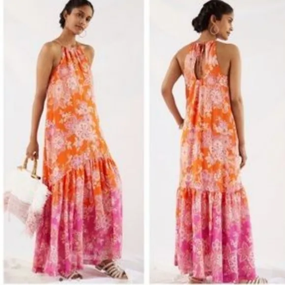 Anthropologie MEAVE Flounced Halter Maxi Dress