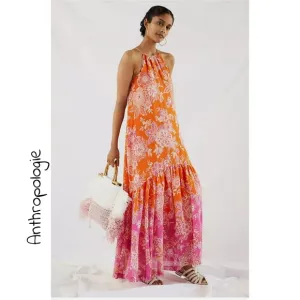 Anthropologie MEAVE Flounced Halter Maxi Dress