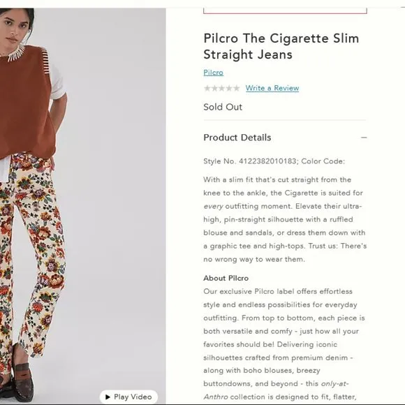 Anthropologie Pilcro 29 NWT The Cigarette Slim Straight Jeans Floral