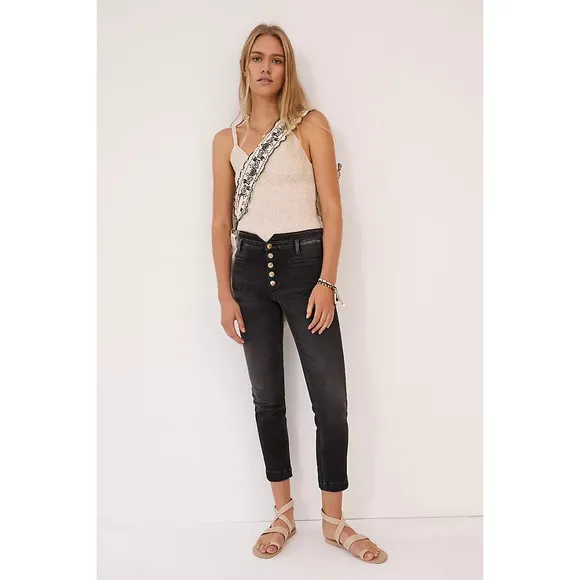 Anthropologie Pilcro Ultra High-Rise Slim Utility Jeans in Black Denim Size 28