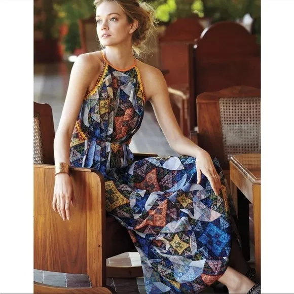 Anthropologie Ranna Gill Condesa Maxi Size M Geometric Studded Embroidered