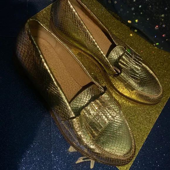 ANTHROPOLOGIE SEYCHELLES GOLD CROC LEATHER Loafers GORG LUX