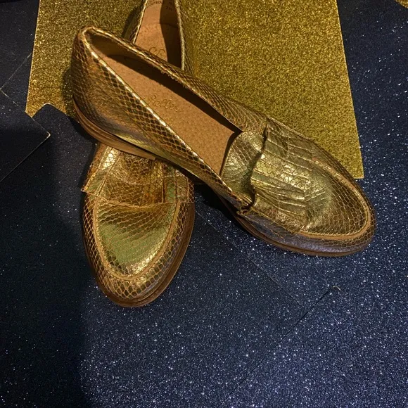 ANTHROPOLOGIE SEYCHELLES GOLD CROC LEATHER Loafers GORG LUX