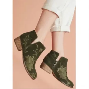 Anthropologie Seychelles Lantern Green Suede Embroidered Ankle Boots Women’s 7