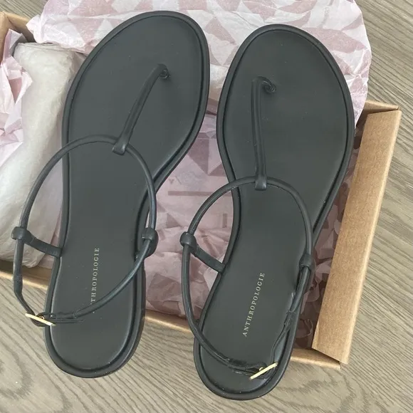 🌷Anthropologie - T-Strap Sandals - Black - Size 7 (38) Fits 7/7.5 - 2024 - NWT