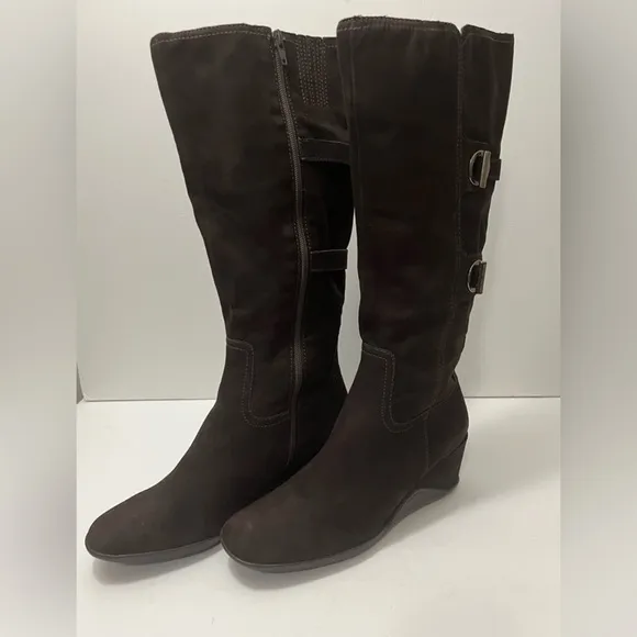 Antonio Melani Dark Brown Suede Knee High Boot Wedge Heel Zipper Women Size 9