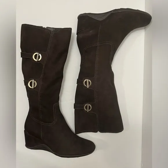 Antonio Melani Dark Brown Suede Knee High Boot Wedge Heel Zipper Women Size 9