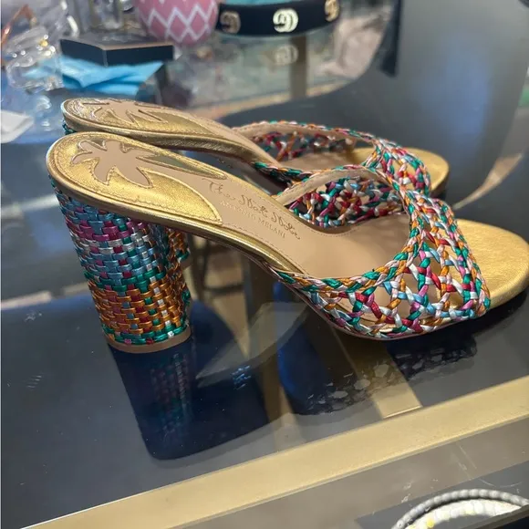 Antonio Melani The Nat Note Rainbow Woven Leather Metallic Heel Sandals Size 6.5