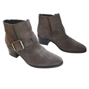 Aquatalia 6 Suede Ankle Boot Bootie Women Foster Gray Taupe Buckles Italy Cowboy