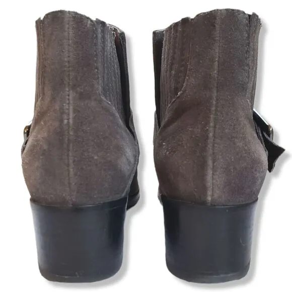 Aquatalia 6 Suede Ankle Boot Bootie Women Foster Gray Taupe Buckles Italy Cowboy