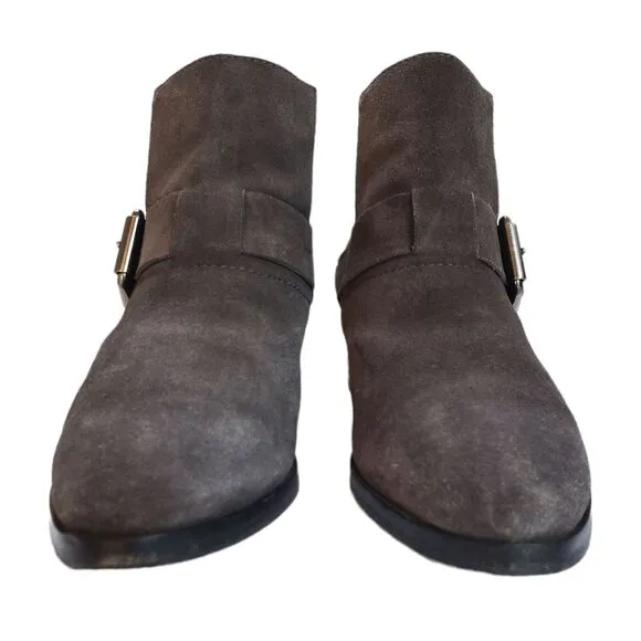 Aquatalia 6 Suede Ankle Boot Bootie Women Foster Gray Taupe Buckles Italy Cowboy