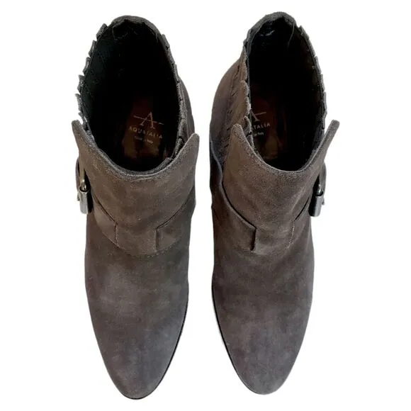 Aquatalia 6 Suede Ankle Boot Bootie Women Foster Gray Taupe Buckles Italy Cowboy