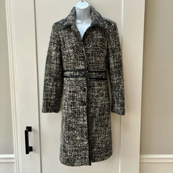 Arden B Luxe black and white tweed coat faux leather trim women’s‎ size M