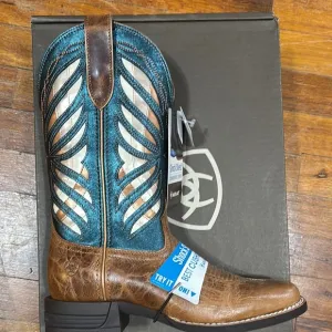 Ariat Brown and Blue Heeled Boots with Geometric Design
