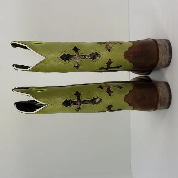 ARIAT KIDS RANCHERO 10014122 LIME GREEN BROWN CAMO CROSS COWBOY BUCKAROO BOOTS 8