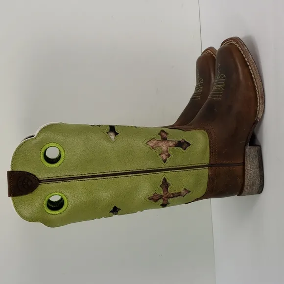 ARIAT KIDS RANCHERO 10014122 LIME GREEN BROWN CAMO CROSS COWBOY BUCKAROO BOOTS 8
