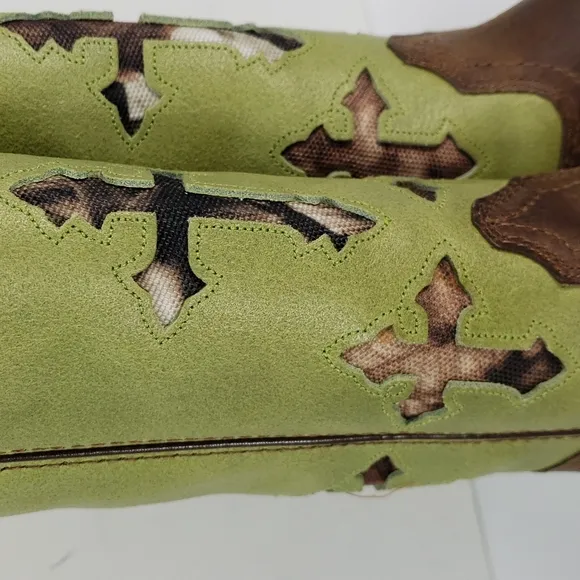 ARIAT KIDS RANCHERO 10014122 LIME GREEN BROWN CAMO CROSS COWBOY BUCKAROO BOOTS 8