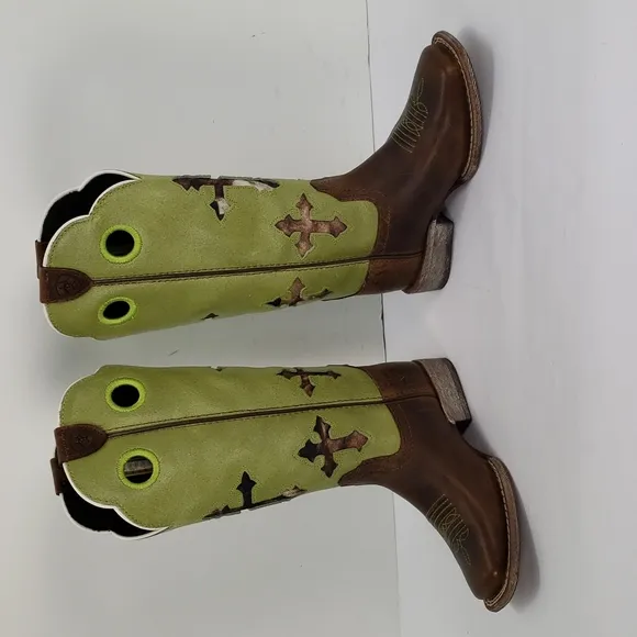 ARIAT KIDS RANCHERO 10014122 LIME GREEN BROWN CAMO CROSS COWBOY BUCKAROO BOOTS 8