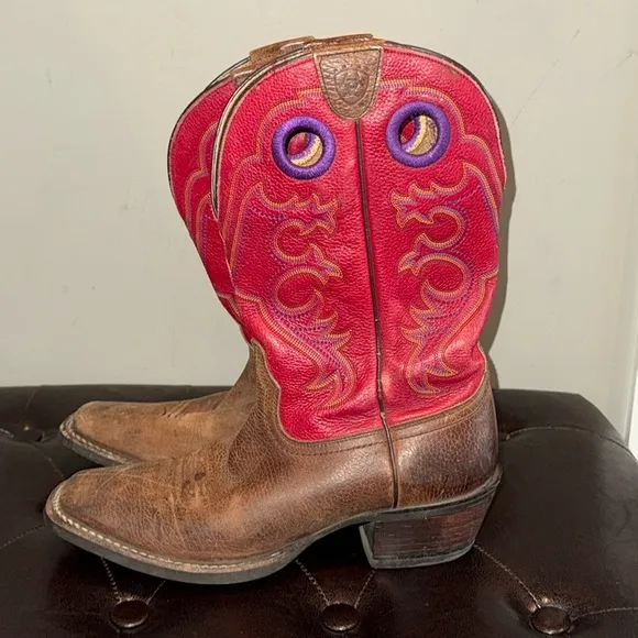 Ariat red and purple embroidered crossfire pull on cowgirl western boots 8.5B