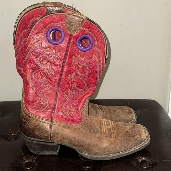 Ariat red and purple embroidered crossfire pull on cowgirl western boots 8.5B
