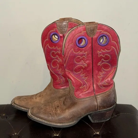 Ariat red and purple embroidered crossfire pull on cowgirl western boots 8.5B