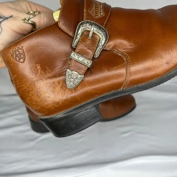 Ariat Western Ankle Boots Cognac Brown Leather‎ Buckle Detail Classic Size 9 B