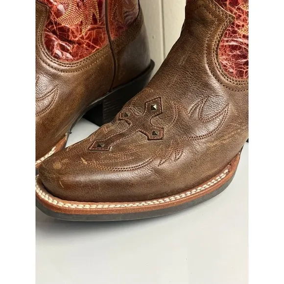 Ariat Western Cowboy Boots Brown Red  Studded Cross Detail US 7