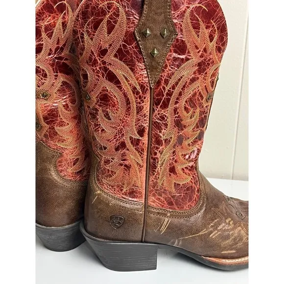 Ariat Western Cowboy Boots Brown Red  Studded Cross Detail US 7