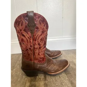 Ariat Western Cowboy Boots Brown Red  Studded Cross Detail US 7