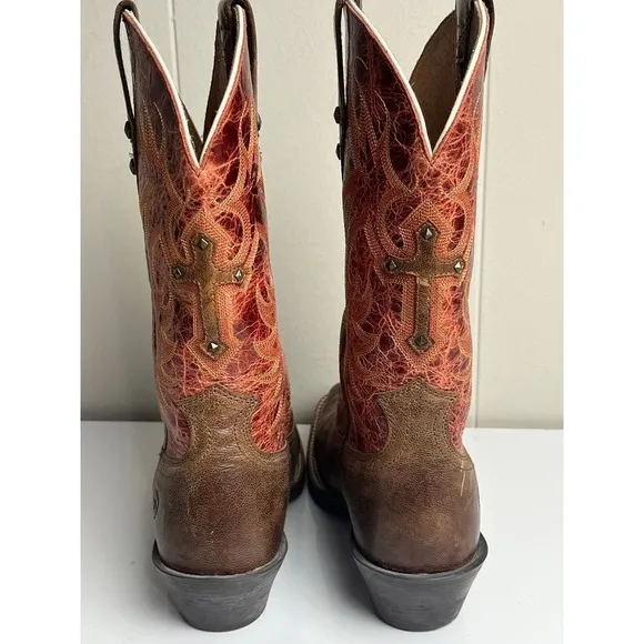 Ariat Western Cowboy Boots Brown Red  Studded Cross Detail US 7