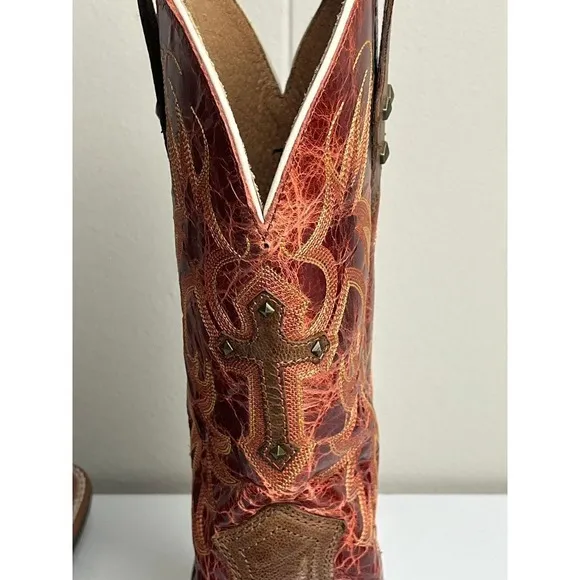 Ariat Western Cowboy Boots Brown Red  Studded Cross Detail US 7