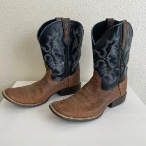 Ariat Western Cowboy Boots Square Toe Leather Brown Blue Stitching Size US 5
