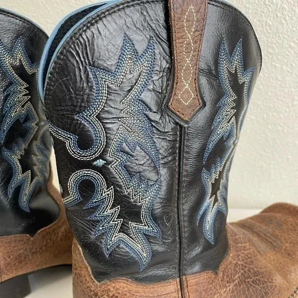 Ariat Western Cowboy Boots Square Toe Leather Brown Blue Stitching Size US 5